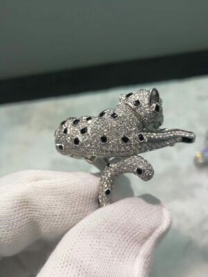 Inspired Panthere De Cartier Ring In Platinum With Pave Diamonds Emeralds And Onyx