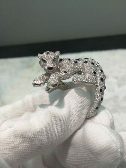 Inspired Panthere De Cartier Ring In Platinum With Pave Diamonds Emeralds And Onyx