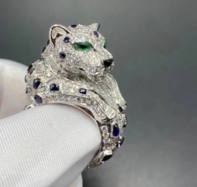 Inspired Panthere De Cartier Ring Platinum With Sapphiers Emeralds And Diamonds