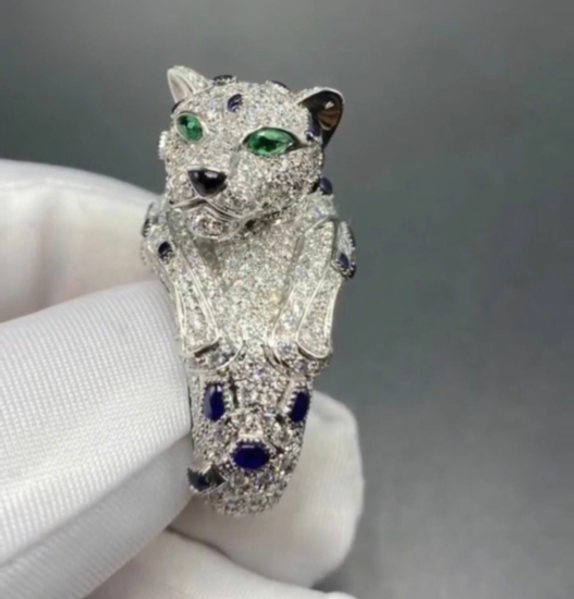 Inspired Panthere De Cartier Ring Platinum With Sapphiers Emeralds And Diamonds