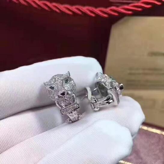 Panthere De Cartier 18k White Gold Emeralds Onyx And Diamond Paved Earrings