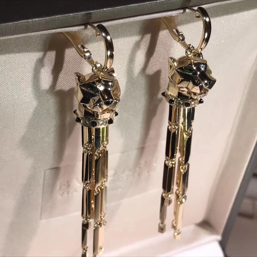 Panthere De Cartier Earrings 18k Yellow Gold With Diamondsemeralds Onyx