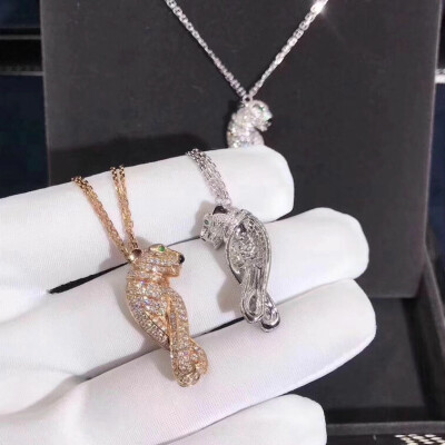 Panthere De Cartier Necklace 18k Pink Gold Diamonds Emeralds Onyx