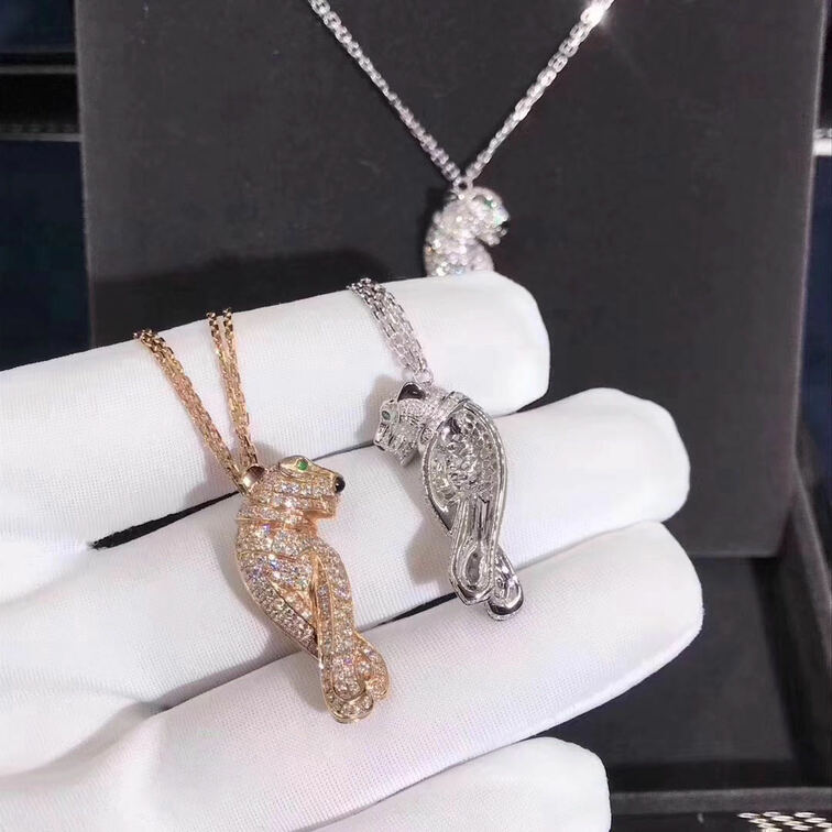 Panthere De Cartier Necklace 18k Pink Gold Diamonds Emeralds Onyx