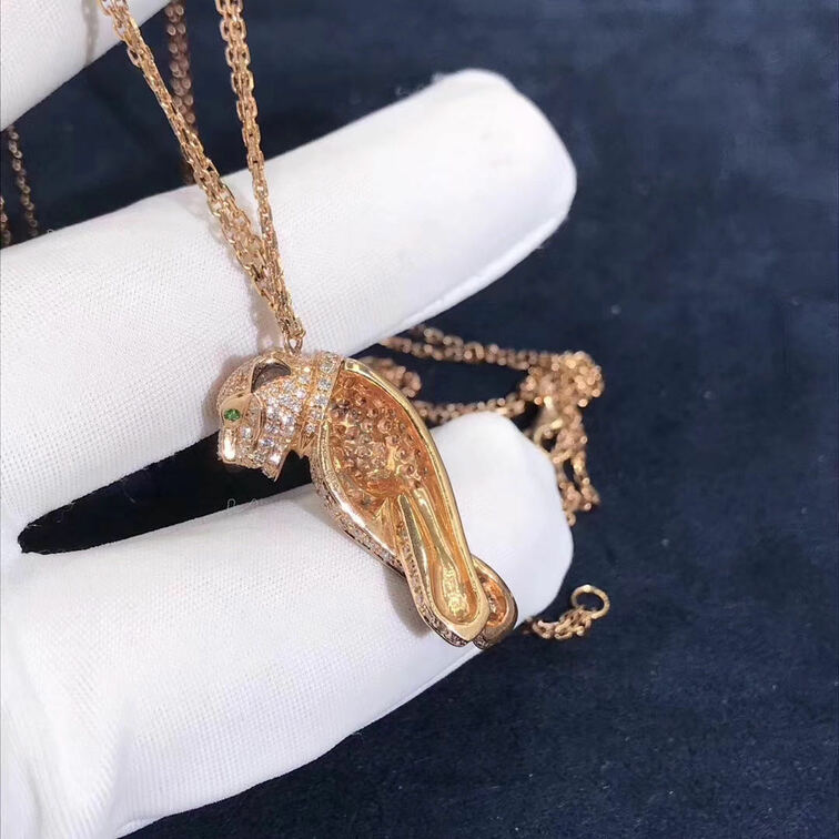 Panthere De Cartier Necklace 18k Pink Gold Diamonds Emeralds Onyx