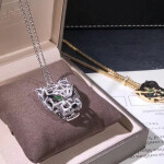 Panthere De Cartier Necklace 18k White Gold Pave Diamonds With Emeralds Onyx