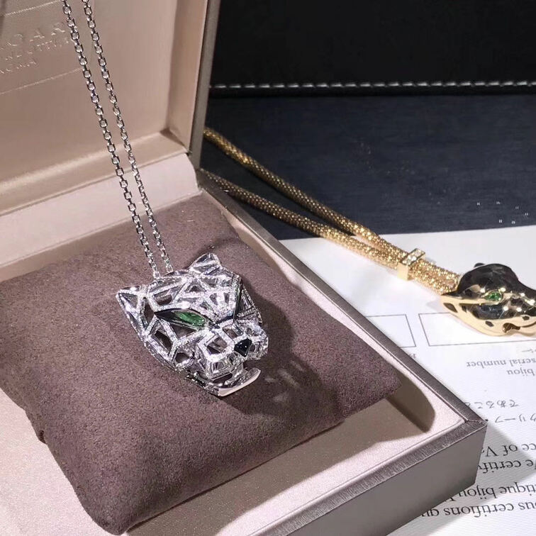 Panthere De Cartier Necklace 18k White Gold Pave Diamonds With Emeralds Onyx