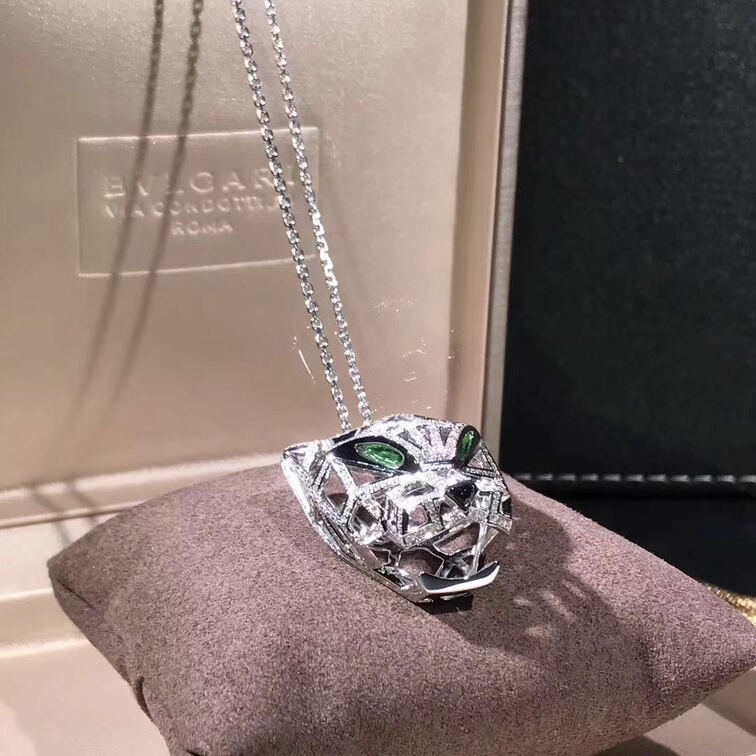 Panthere De Cartier Necklace 18k White Gold Pave Diamonds With Emeralds Onyx
