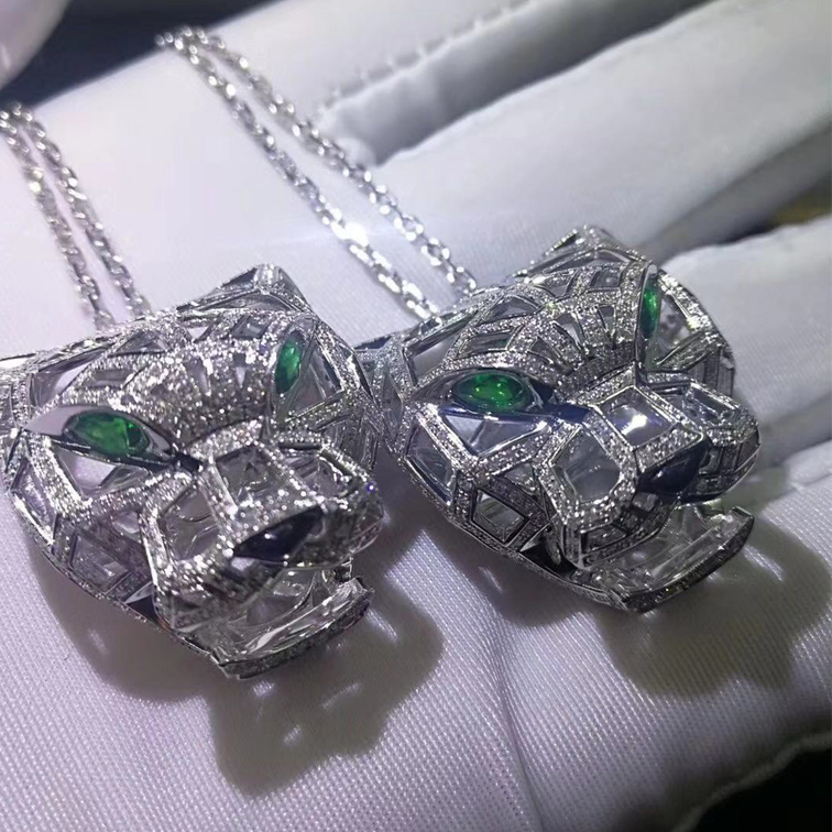 Panthere De Cartier Necklace 18k White Gold Pave Diamonds With Emeralds Onyx