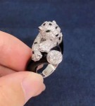 Panthere De Cartier Ring 18k White Gold Pave Diamond With Emeralds And Onyx