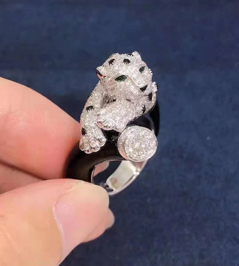 Panthere De Cartier Ring 18k White Gold Pave Diamond With Emeralds And Onyx