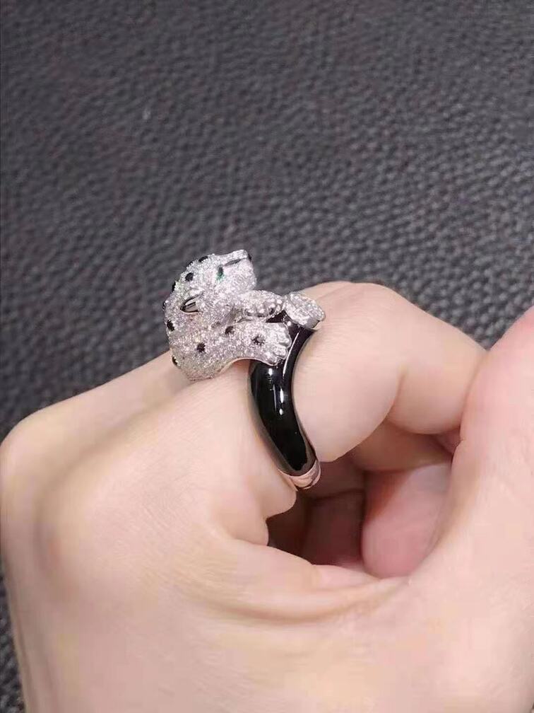 Panthere De Cartier Ring 18k White Gold Pave Diamond With Emeralds And Onyx