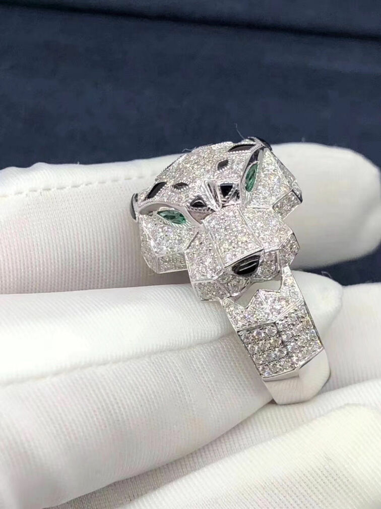 Panthere De Cartier Ring In 18k White Gold With Diamonds Emeralds And Onyx