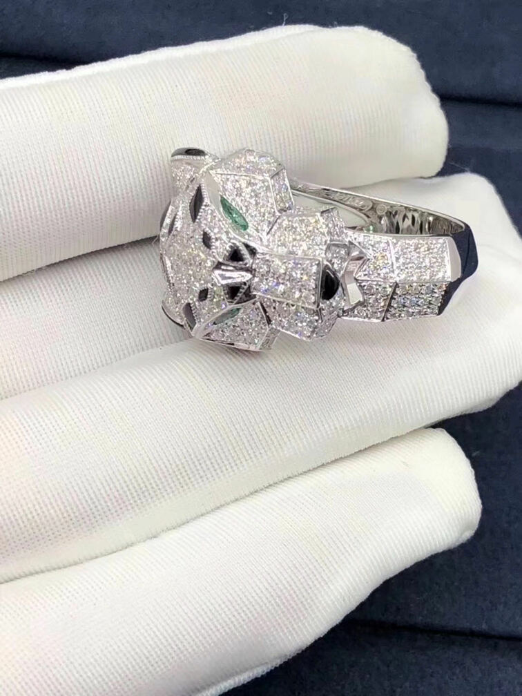 Panthere De Cartier Ring In 18k White Gold With Diamonds Emeralds And Onyx