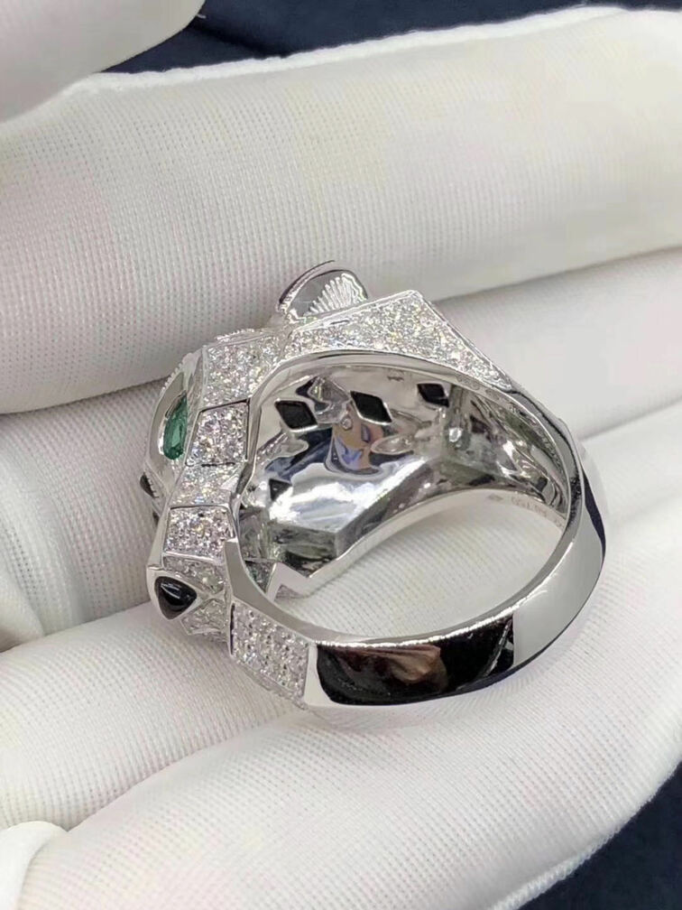 Panthere De Cartier Ring In 18k White Gold With Diamonds Emeralds And Onyx