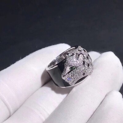 White Gold Panthere De Cartier Ring Black Lacquer Emeralds Onyx Diamonds