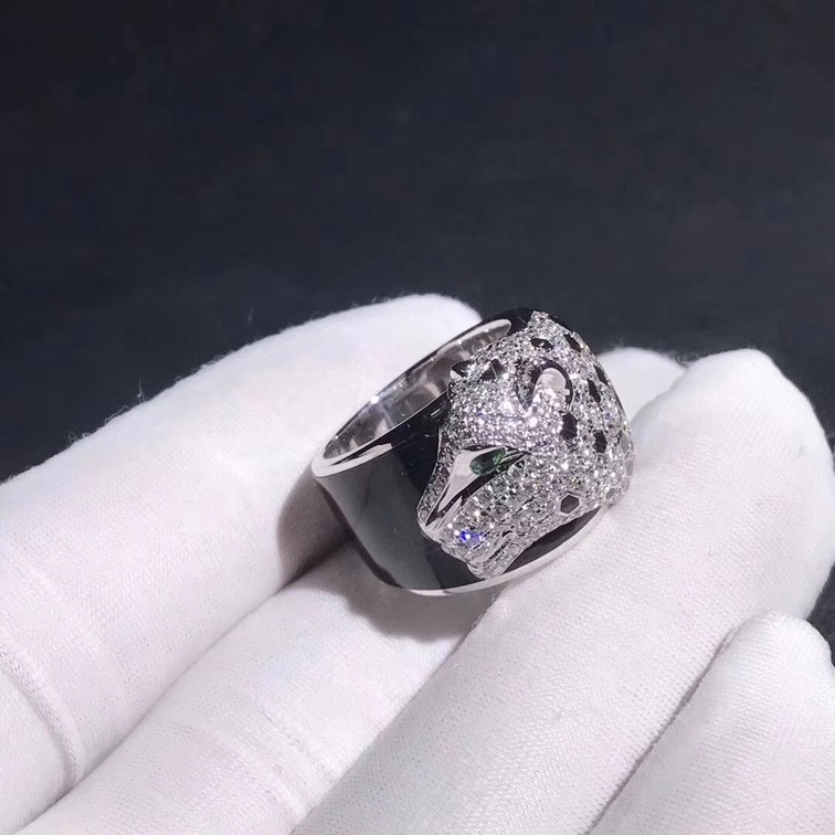 White Gold Panthere De Cartier Ring Black Lacquer Emeralds Onyx Diamonds