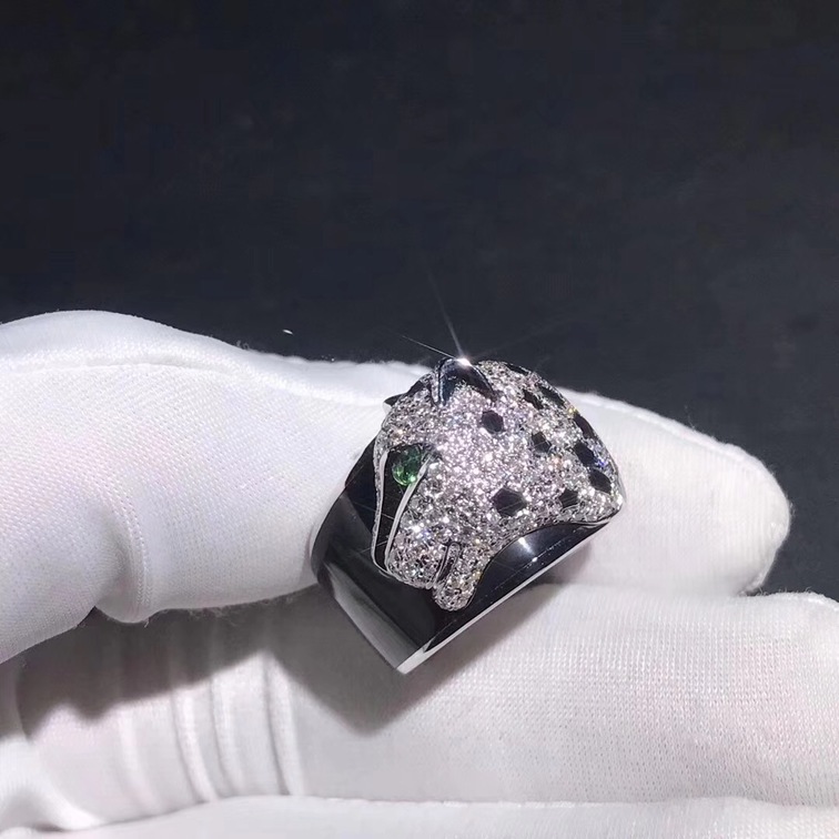 White Gold Panthere De Cartier Ring Black Lacquer Emeralds Onyx Diamonds