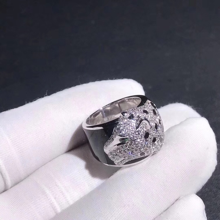 White Gold Panthere De Cartier Ring Black Lacquer Emeralds Onyx Diamonds