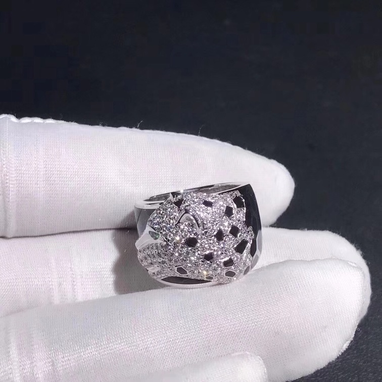 White Gold Panthere De Cartier Ring Black Lacquer Emeralds Onyx Diamonds