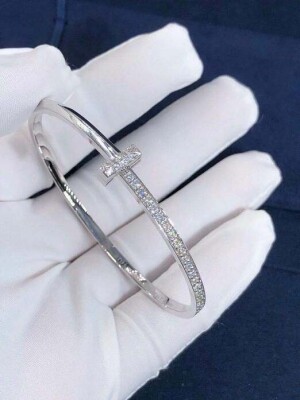 Custom 18k White Gold Tiffany T1 Narrow Diamond Hinged Bangle