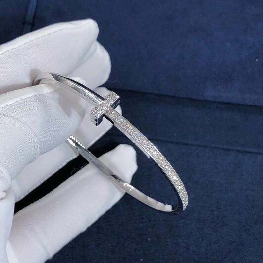 Custom 18k White Gold Tiffany T1 Narrow Diamond Hinged Bangle