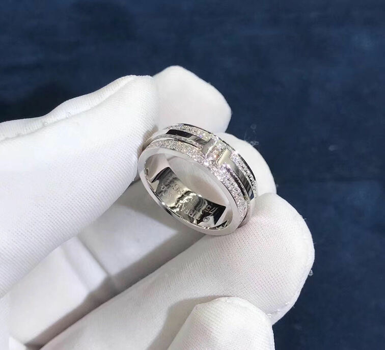 Inspired Tiffany T Two Narrow Ring In 18k White Gold With Pave Diamonds
