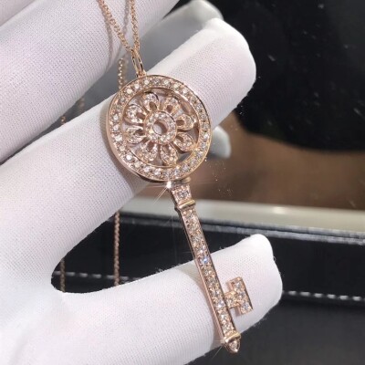 Tiffany Co Petal Key Pendant Necklace 18k Rose Gold With Pave Diamonds Large Size