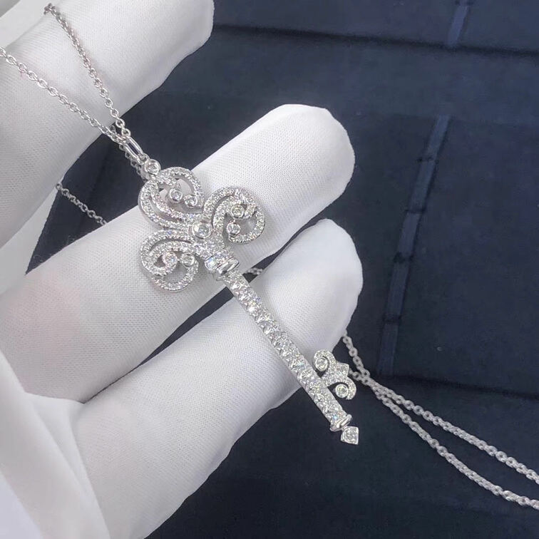 Tiffany Platinum Fleur De Lis Diamond Key Pendant Necklace