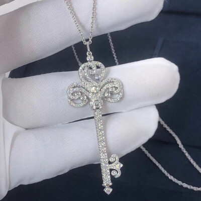 Tiffany Platinum Fleur De Lis Diamond Key Pendant Necklace