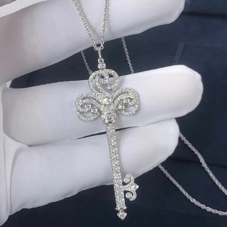 Tiffany Platinum Fleur De Lis Diamond Key Pendant Necklace