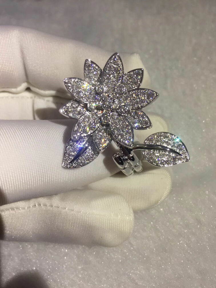 Inspired Van Cleef And Arpels Diamond Lotus Between The Finger Ring 18k White Gold