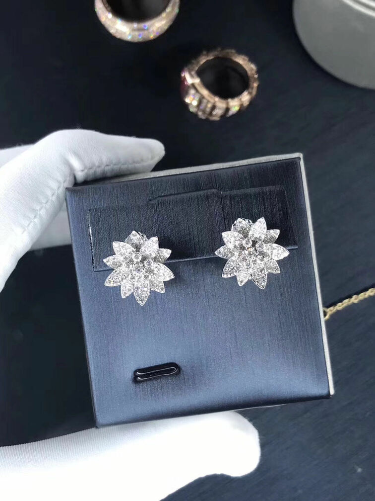 Van Cleef Arpels 18k White Gold And Diamond Lotus Medium Model Earrings