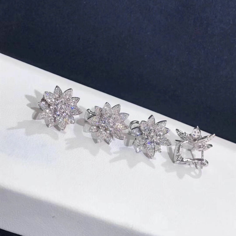Van Cleef Arpels 18k White Gold And Diamond Lotus Medium Model Earrings