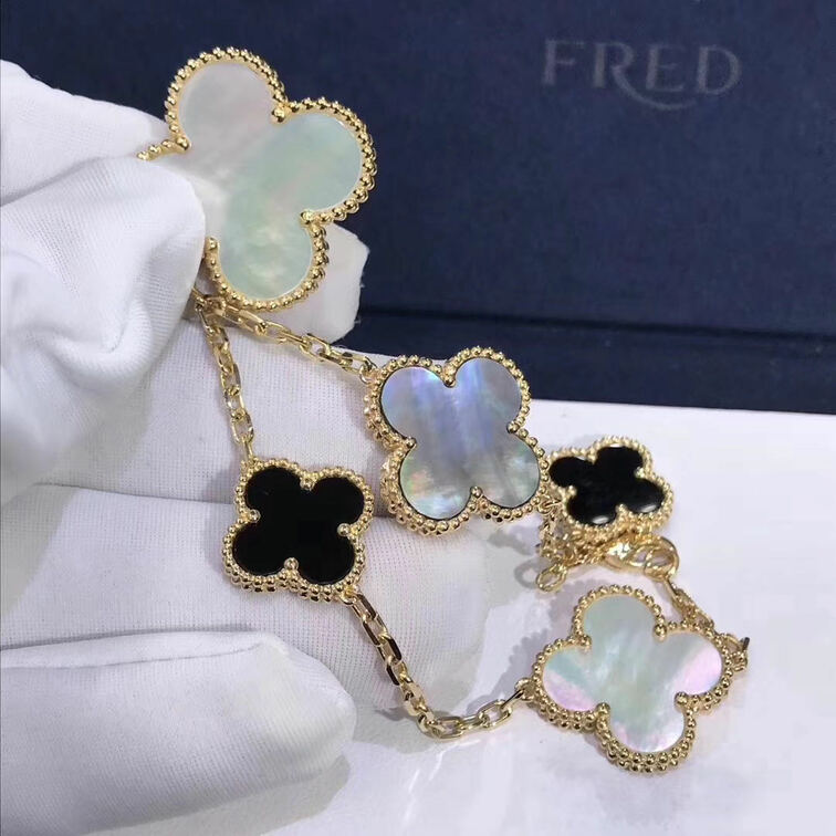 Van Cleef Arpels Magic Alhambra Bracelet 5 Motifs Yellow Gold Mother Of Pearl Onyx