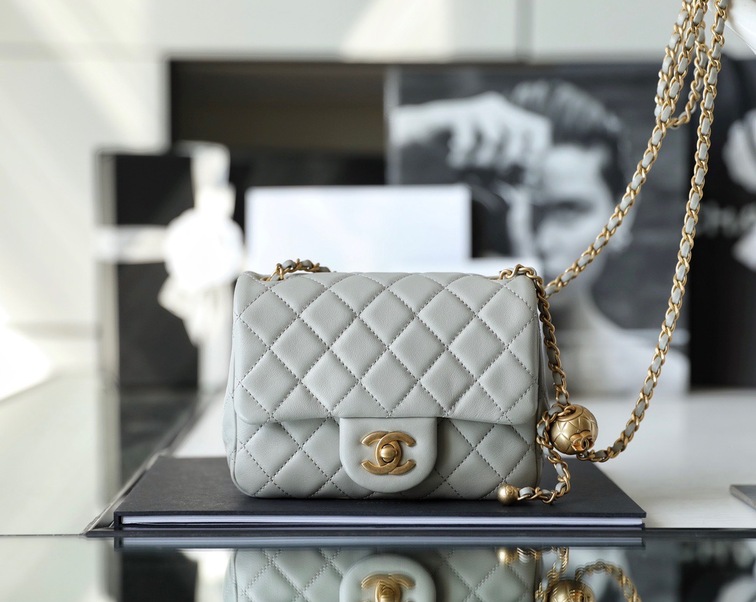 Chanel Mini Flat Goatskin Gray Ball Chain Ss2022