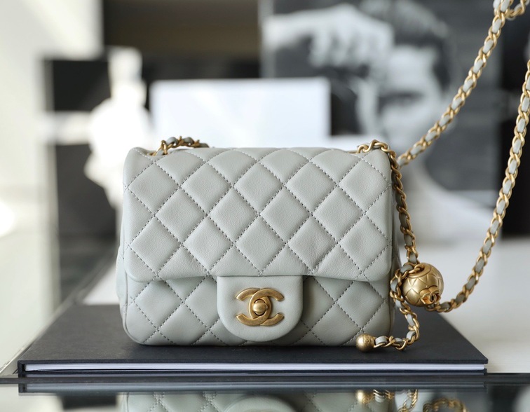 Chanel Mini Flat Goatskin Gray Ball Chain Ss2022