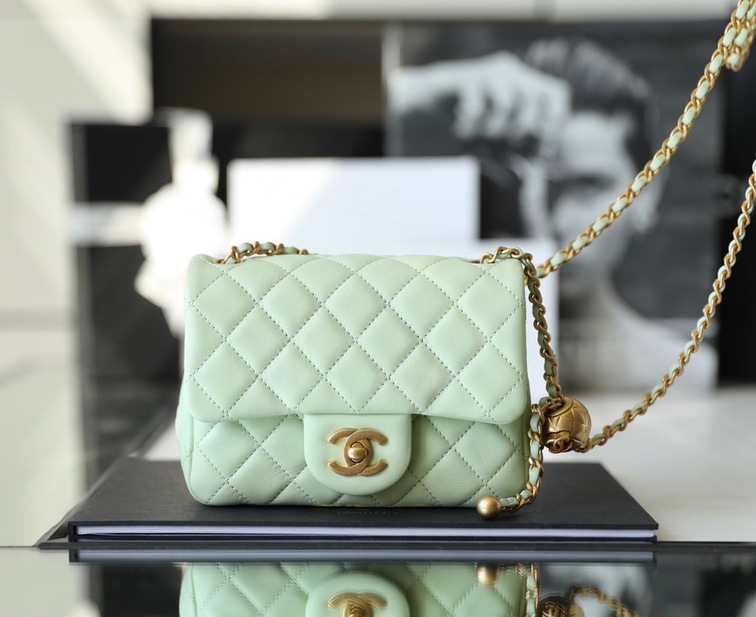Chanel Mini Flat Goatskin Green Ball Chain Ss2022