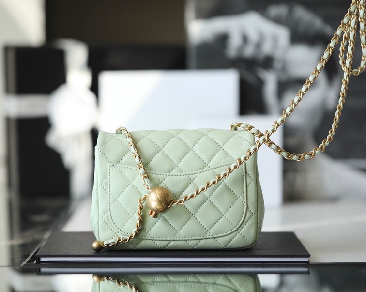 Chanel Mini Flat Goatskin Green Ball Chain Ss2022