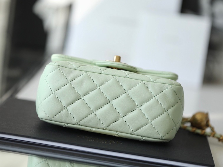 Chanel Mini Flat Goatskin Green Ball Chain Ss2022