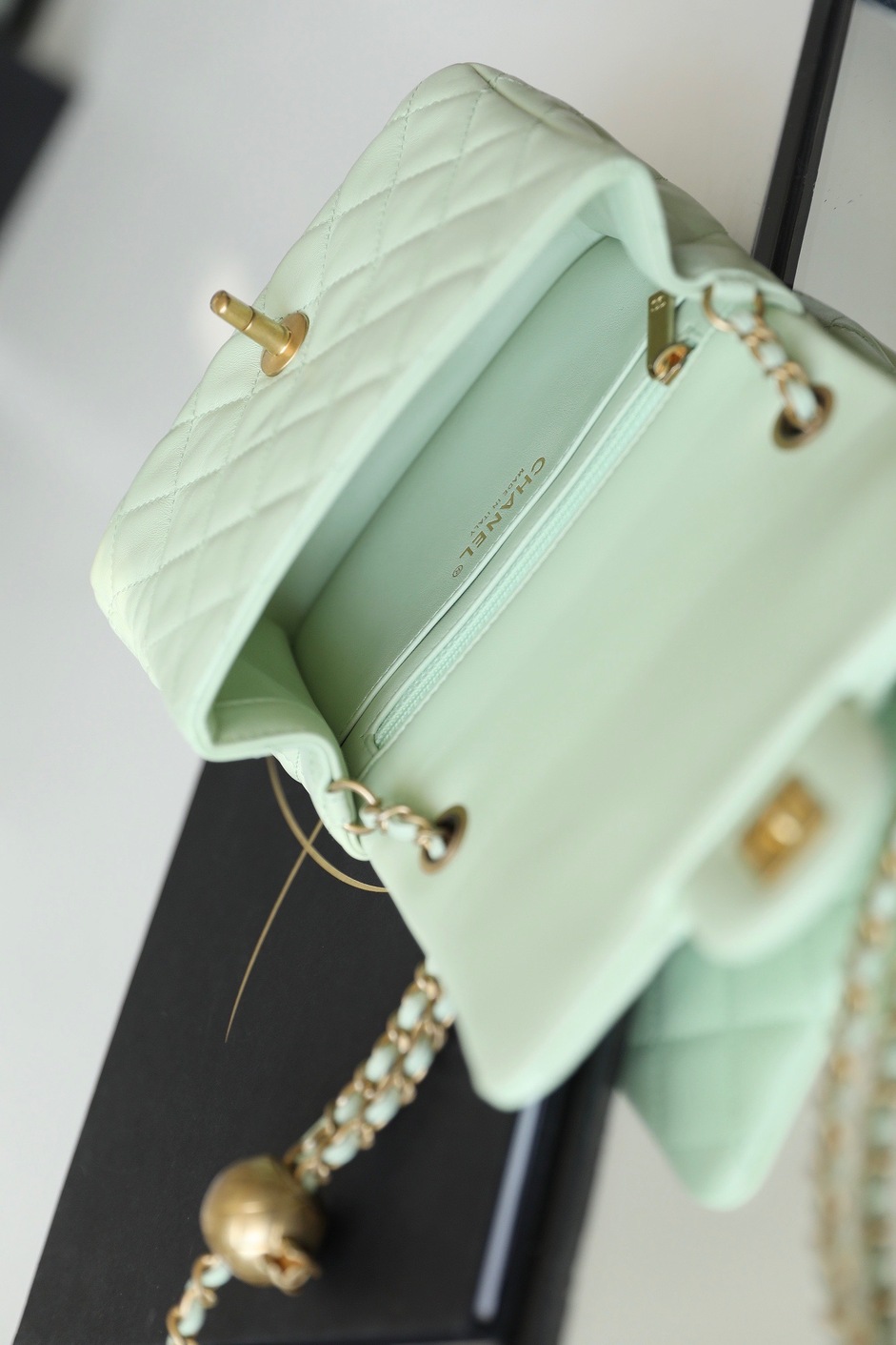 Chanel Mini Flat Goatskin Green Ball Chain Ss2022