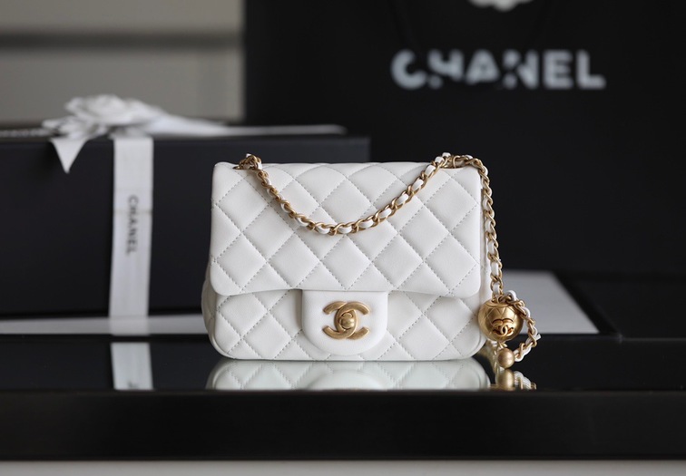 Chanel Mini Flat Goatskin White Ball Chain Ss2022