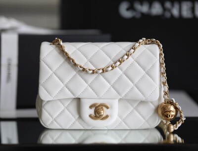 Chanel Mini Flat Goatskin White Ball Chain Ss2022