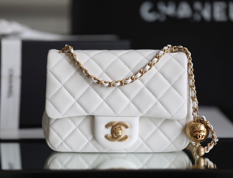 Chanel Mini Flat Goatskin White Ball Chain Ss2022