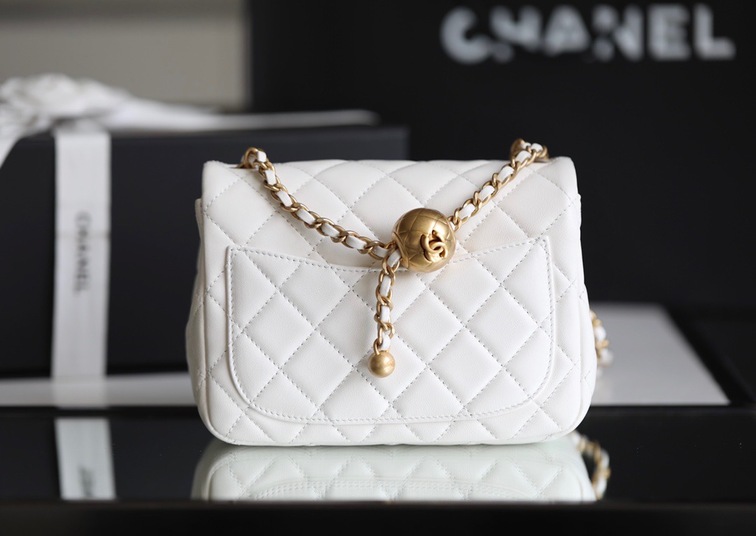 Chanel Mini Flat Goatskin White Ball Chain Ss2022