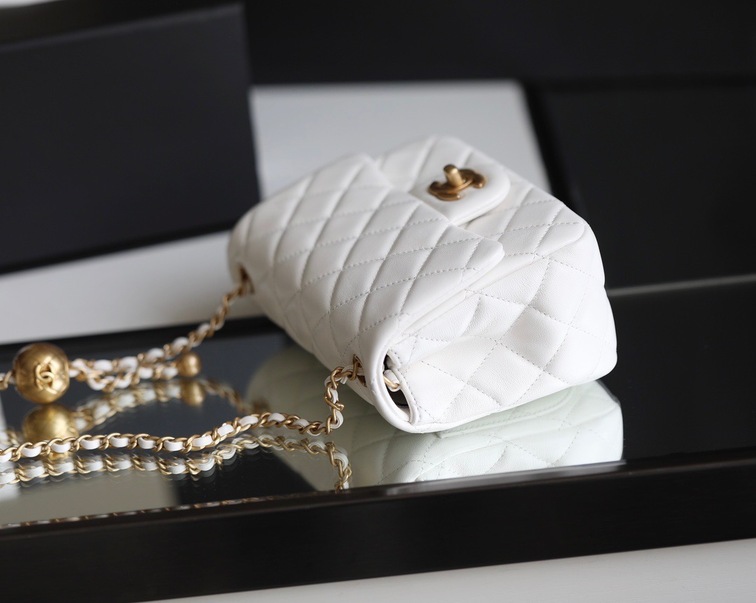 Chanel Mini Flat Goatskin White Ball Chain Ss2022