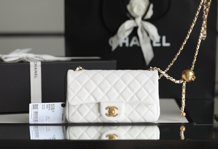 Chanel Mini Flat Goatskin White Ball Chain Ss2022