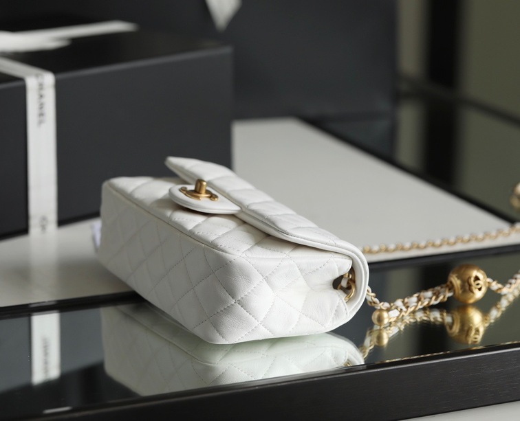 Chanel Mini Flat Goatskin White Ball Chain Ss2022