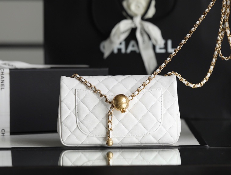 Chanel Mini Flat Goatskin White Ball Chain Ss2022