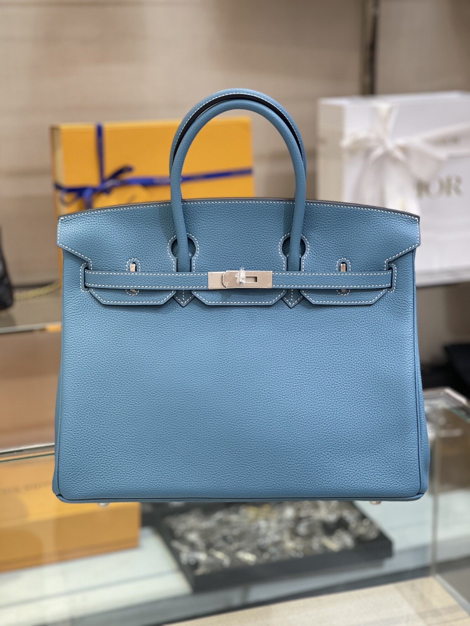 Hermes Birkin Blue 35 Sliver Chain